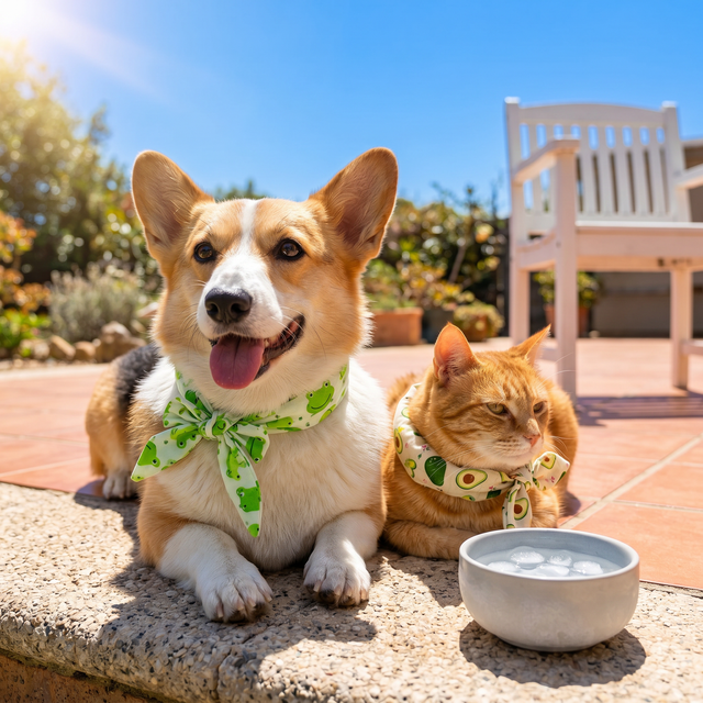 Dog and cat wearing cooling neck wraps in hot summer sunshine with ice bowl