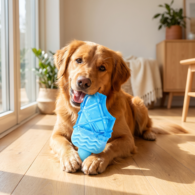 Happy dog chewing the blue water-filled ice teething toy in a sunny cozy home