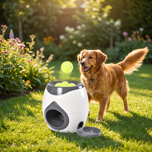 Automatic dog ball launcher with tennis balls on a sunny garden lawn with an excited dog