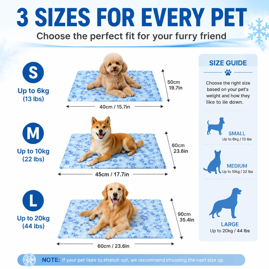 Cooling mat size guide — S 40x50cm up to 6kg, M 45x60cm up to 10kg, L 60x90cm up to 20kg