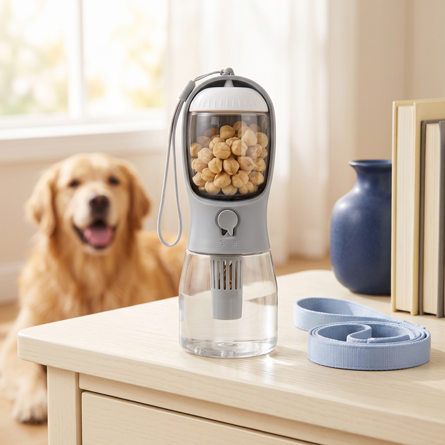 3-in-1 portable dog water bottle on a cozy home table with golden retriever