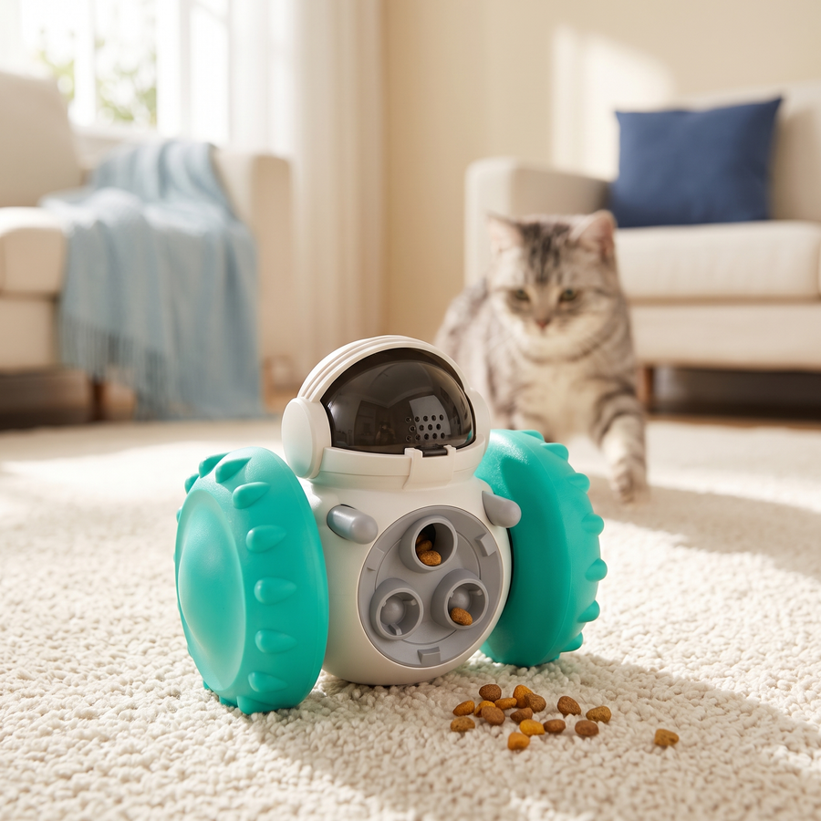 Teal interactive slow feeder robot toy on cream rug with curious cat