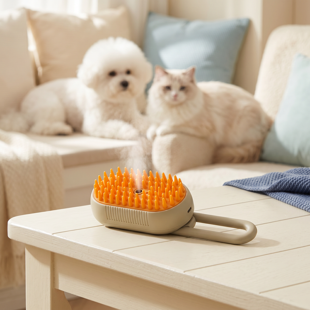 Steam grooming brush with dog and cat in cozy home