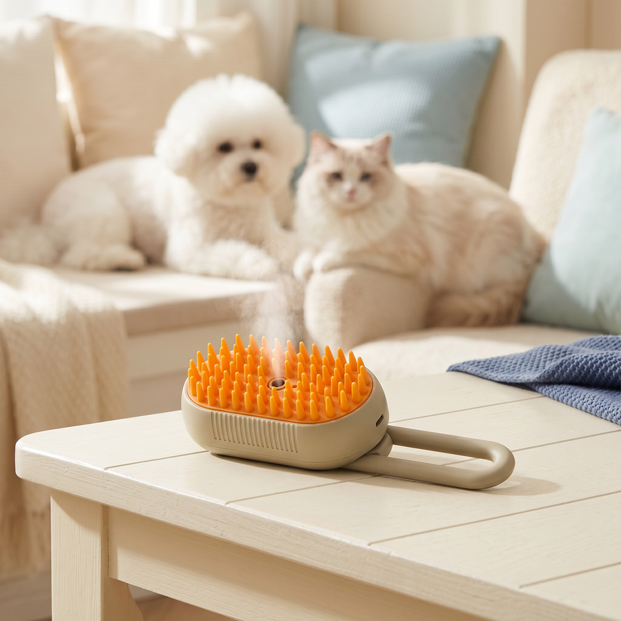 Steam grooming brush with dog and cat in cozy home