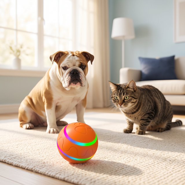 Smart self-rolling ball with bulldog and tabby cat watching