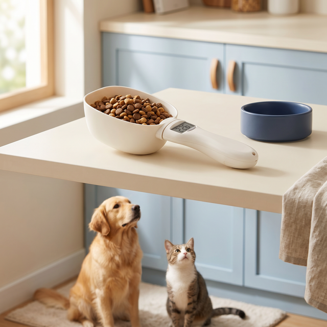 Digital food scale scoop with dog and cat waiting