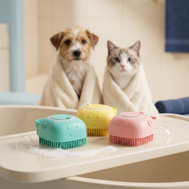 Three silicone bath brushes with dog and cat in towels