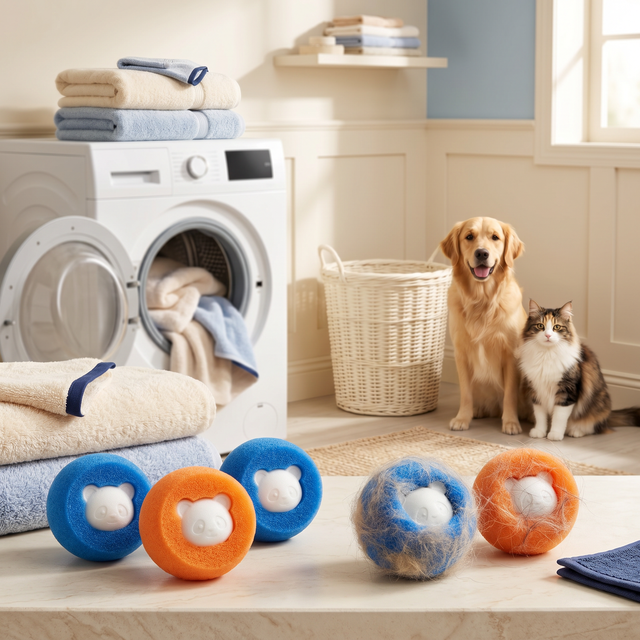 Pet hair remover laundry balls with dog and cat in laundry room