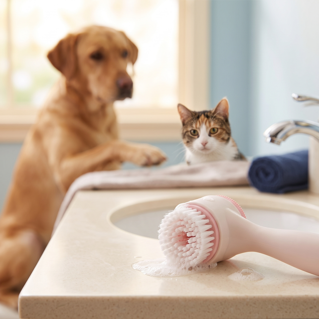 Paw cleaning brush with dog and cat at bathroom sink