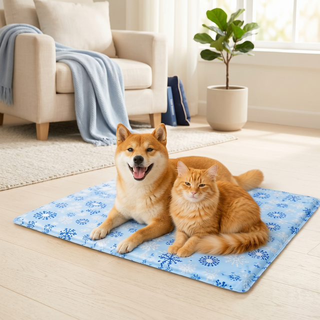 Shiba Inu and orange cat resting on blue snowflake cooling mat