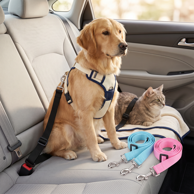 Car seat belt with harnessed dog and cat on back seat