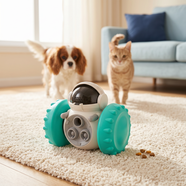 Slow feeder robot toy with dog and cat approaching together