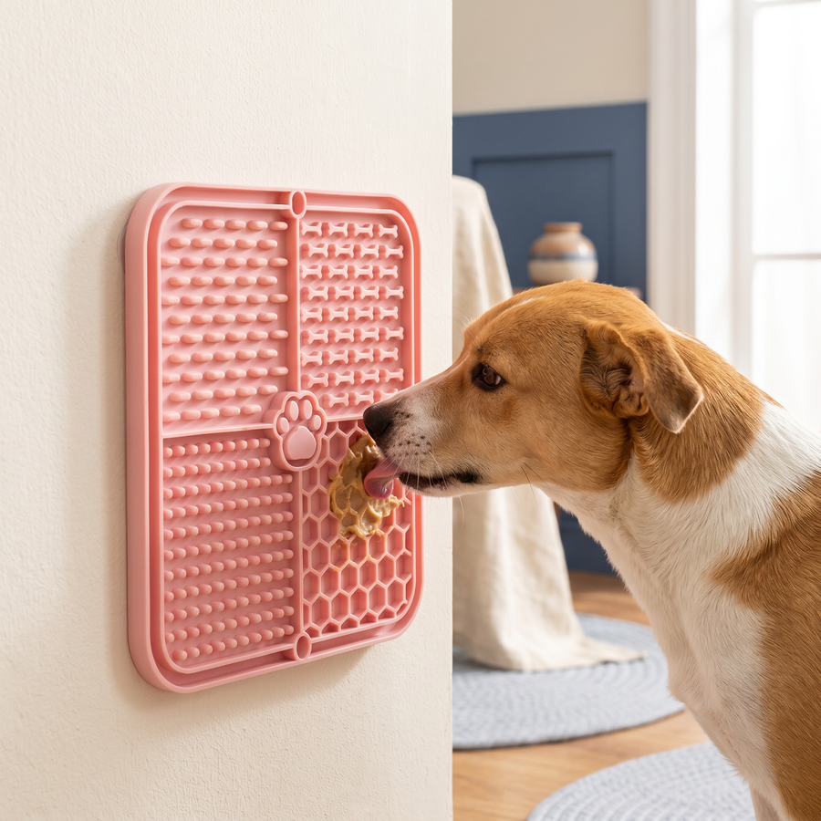 Pink lick mat suction-mounted on wall with dog licking treat paste
