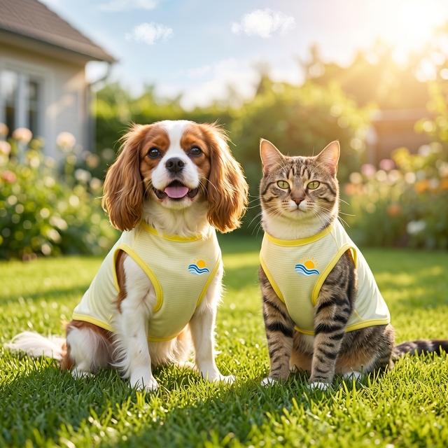 Dog and cat both wearing pale-yellow cooling sun-protection vests outdoors in sunshine