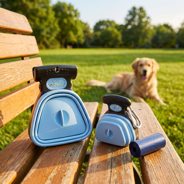 Foldable poop scooper open and folded on park bench with dog in sunny park
