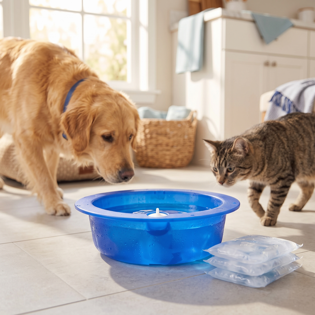 Blue cooling water bowl with ice packs, dog and cat approaching to drink