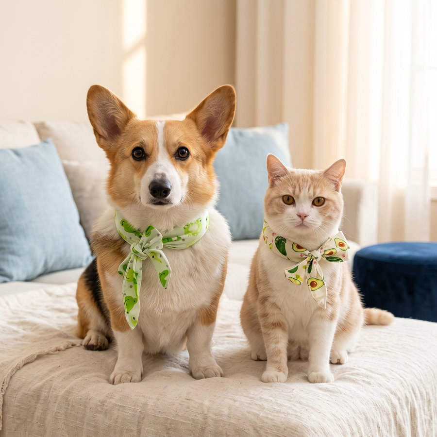 Corgi and cat wearing cooling neck wraps side by side