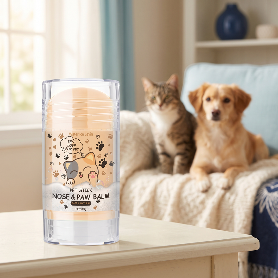 Pet nose and paw balm stick with dog and cat in background