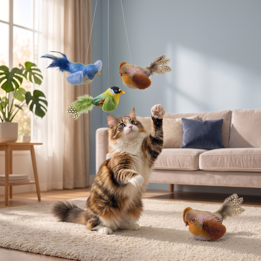 Cat playing with plush bird toys hanging from strings