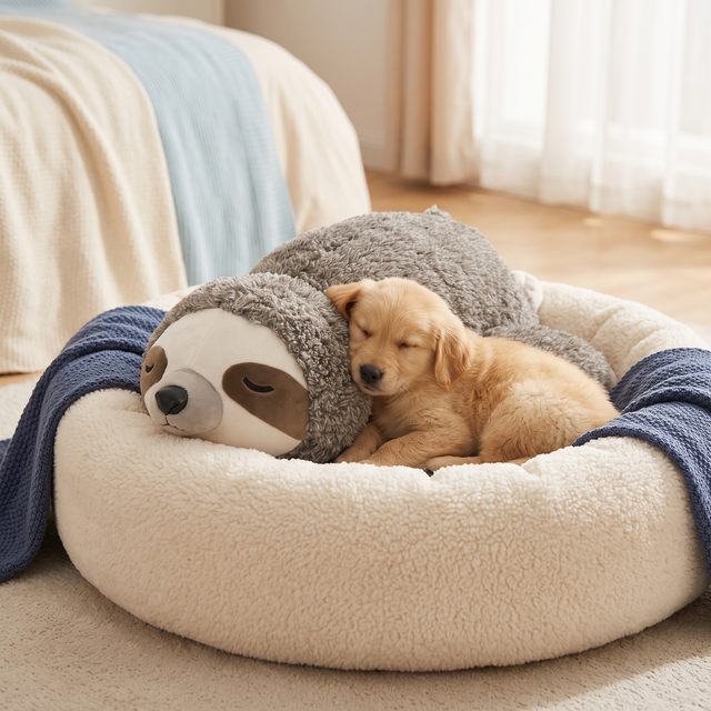 Golden retriever puppy sleeping cuddled with gray sloth heartbeat plush