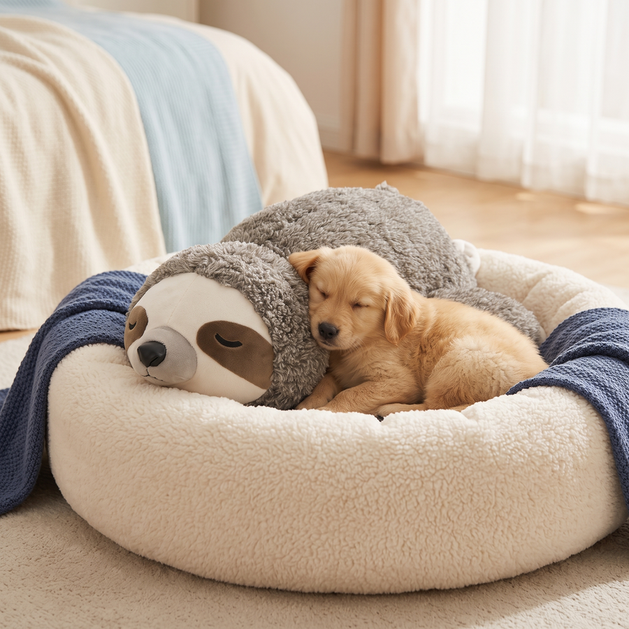 Golden retriever puppy sleeping cuddled with gray sloth heartbeat plush