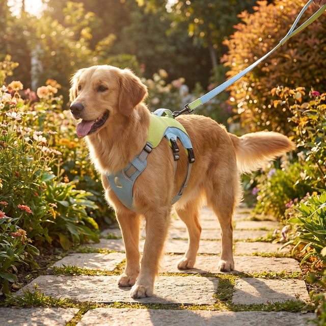 Golden dog wearing the green cooling vest harness with matching leash on a sunny garden path
