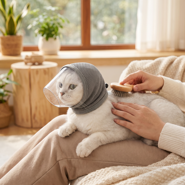 Calm cat wearing the grey breathable anti-bite grooming mask during gentle grooming at home