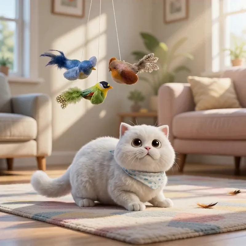 Fluffy white cat leaping to catch the interactive bird teaser toy