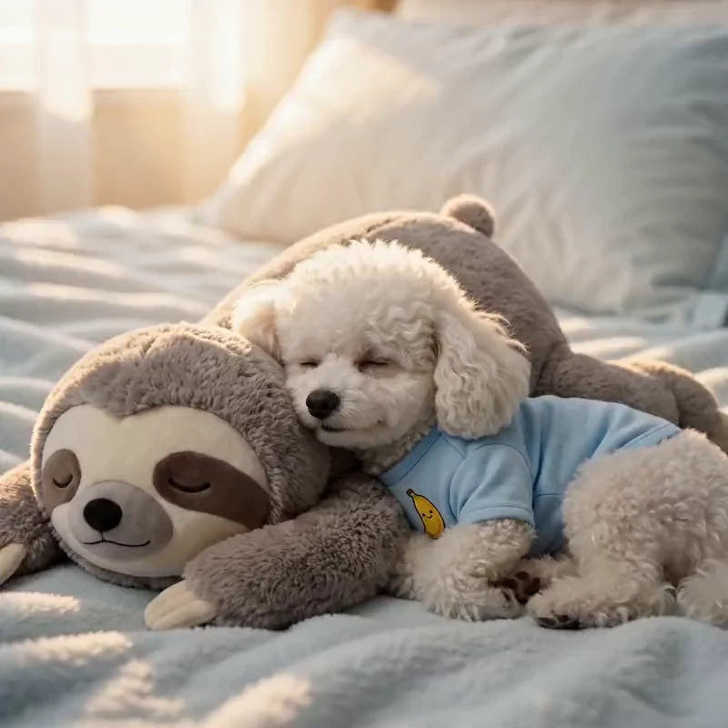 Fluffy white poodle napping snuggled up to the heartbeat comfort toy